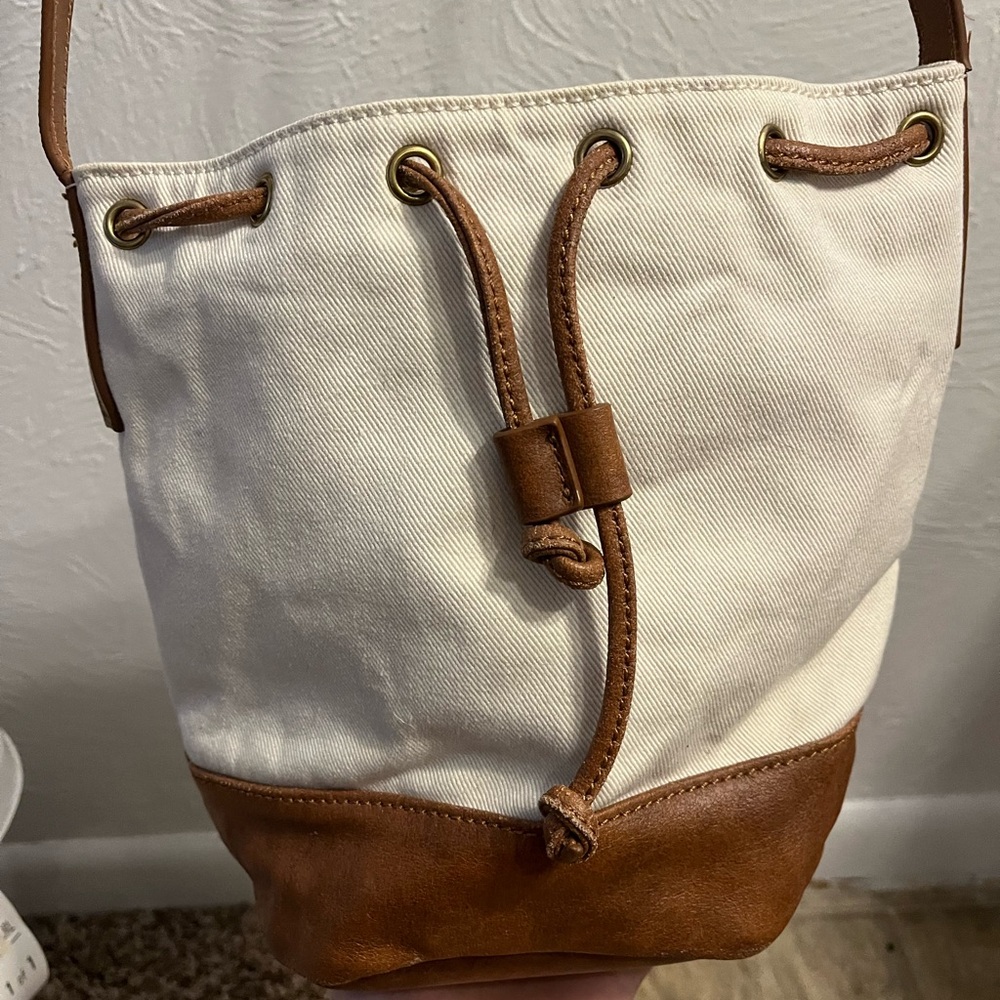 Cream and Brown Hobo Bag with Drawstring Closure